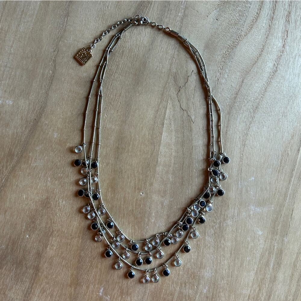 Anne Klein Black/Clear/Silver Gems Three-Strand Claw Clasp Statement Necklace